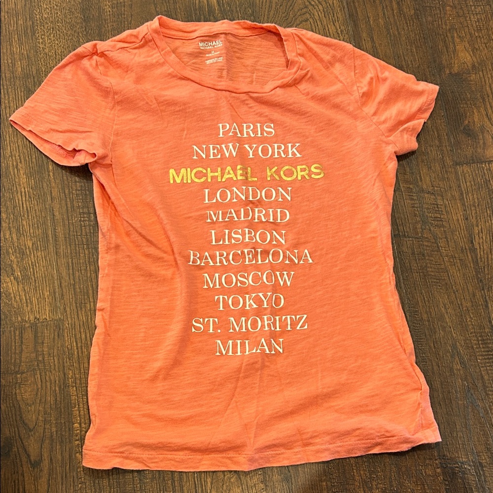 Michael Kors Coral Short-Sleeve City List Tee with Yellow Logo